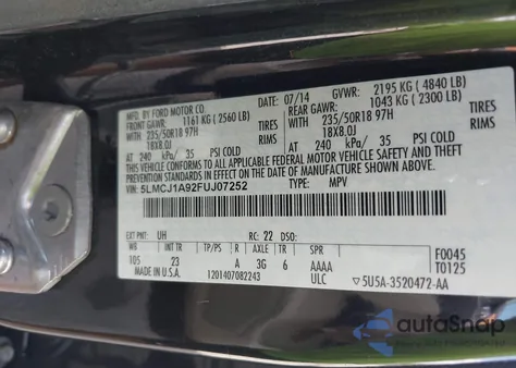 2015 Lincoln Mkc z USA, uszkodzony, nr VIN 5LMCJ1A92FUJ07252